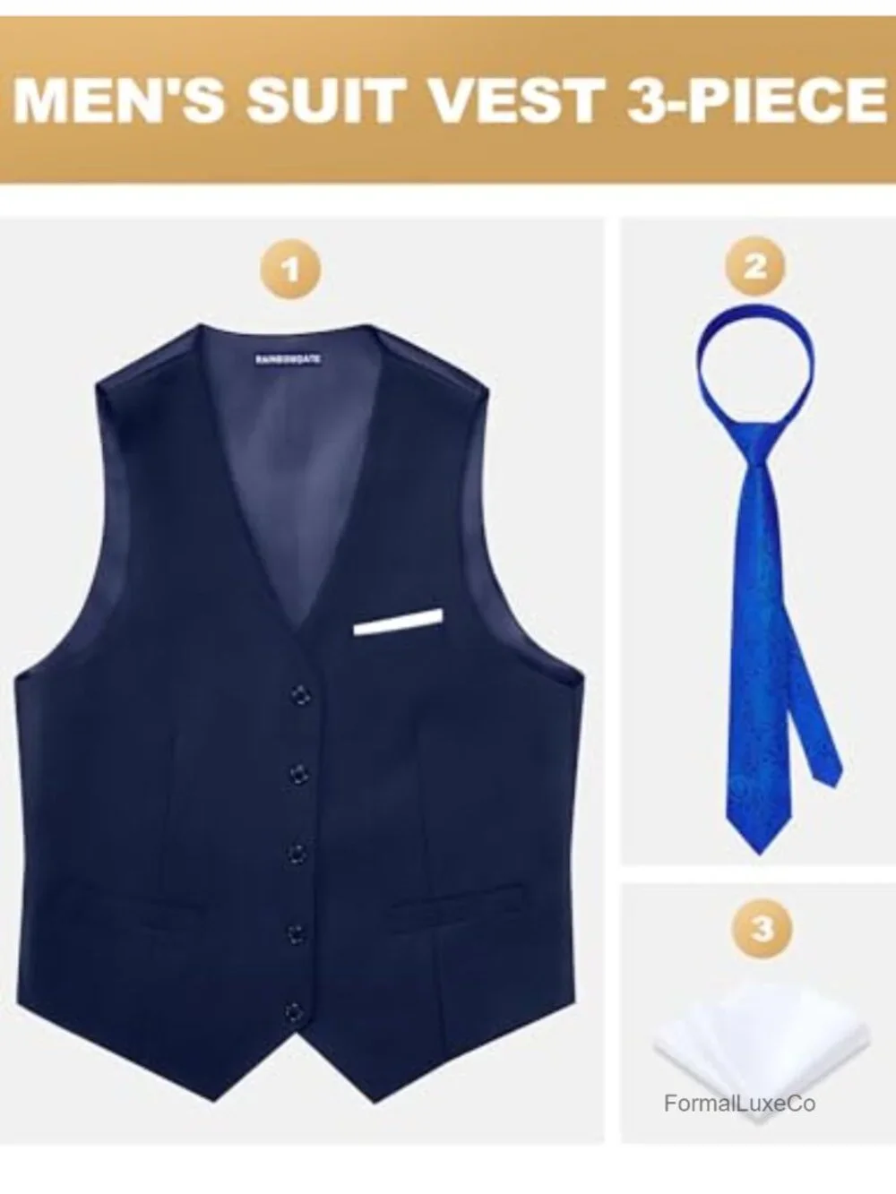 Men's Slim Fit Satin Back Suit Vest 3-Piece Set with Tie & Pocket Square,